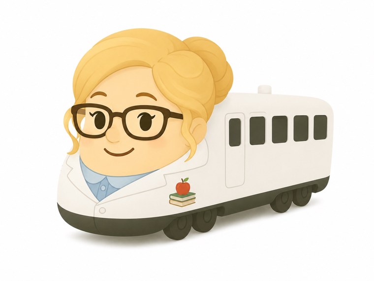 Beth Richman, drawn as a train conductor with glasses, an apple, and books