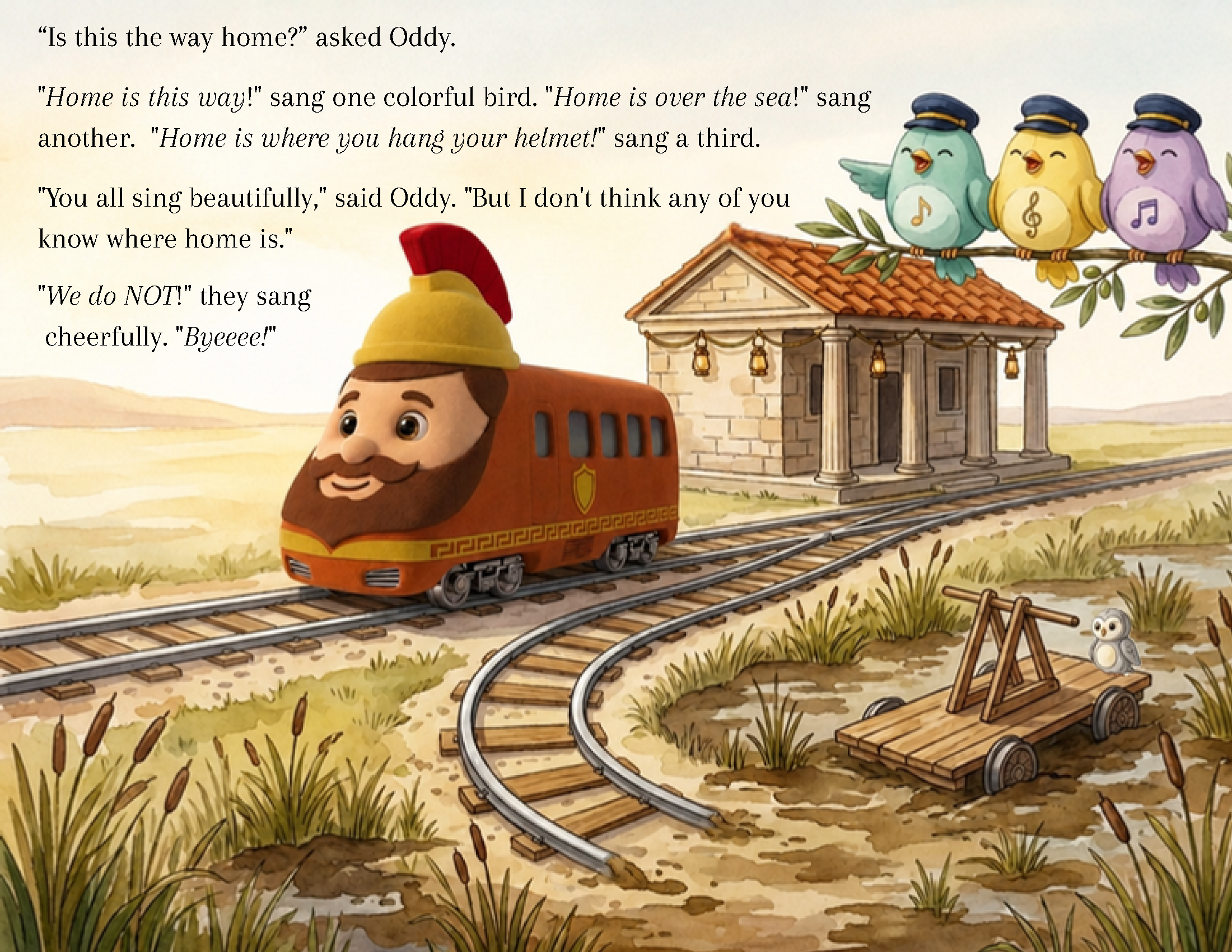 Interior spread from Is This the Way Home? — Oddy the train on his journey.