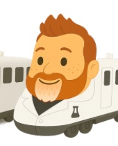 Ross Venokur, drawn as a train in a lab coat