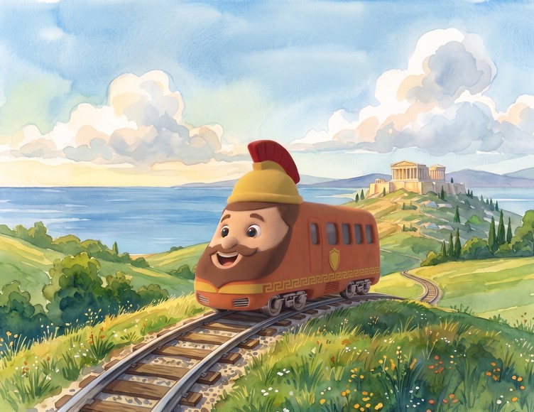 Oddy Train — a friendly bearded engine in a Greek helmet — rolling along the tracks by the sea, with his hilltop home in the distance.